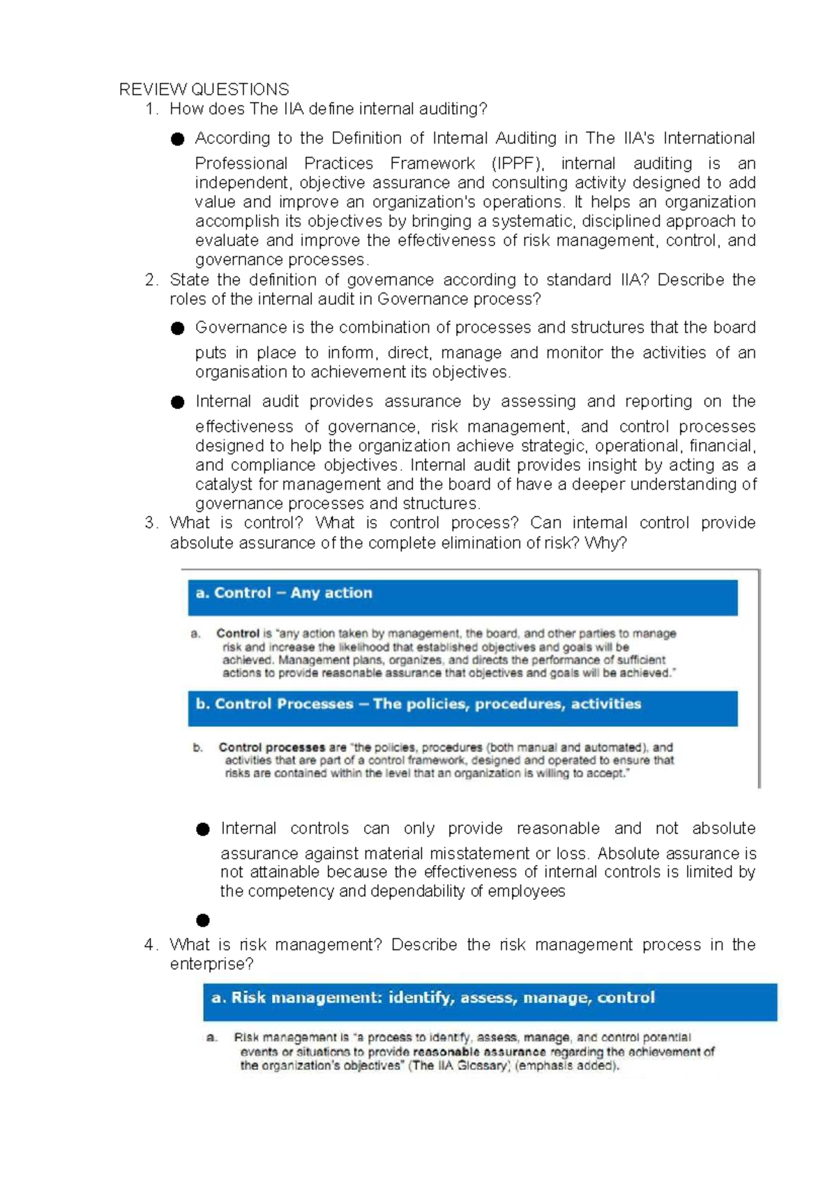 Kiểm nội bộ - Internal Audit Review Questions and Concepts - Studocu