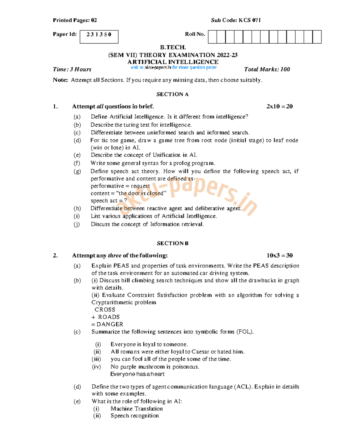 B.TECH. (SEM VII) AI Theory Exam Notes - KCS 071 (2022-23) - Studocu