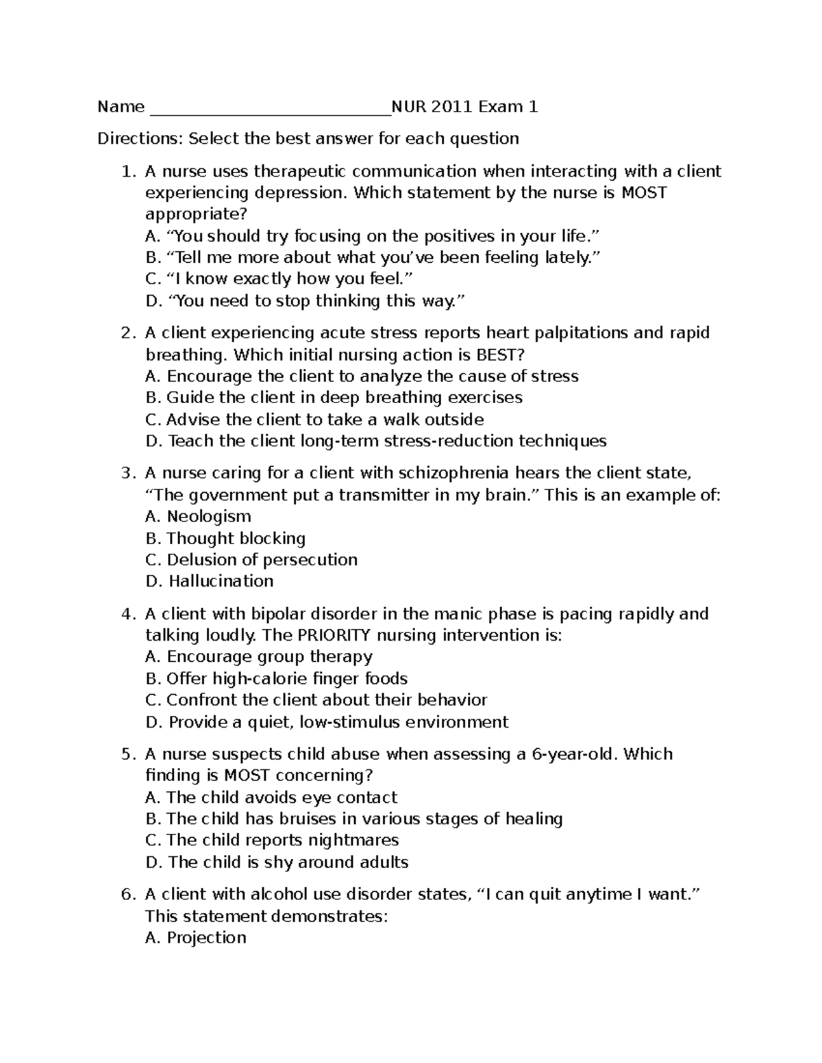 NUR 2011 Exam 1 - Comprehensive Review and Answer Key - Studocu