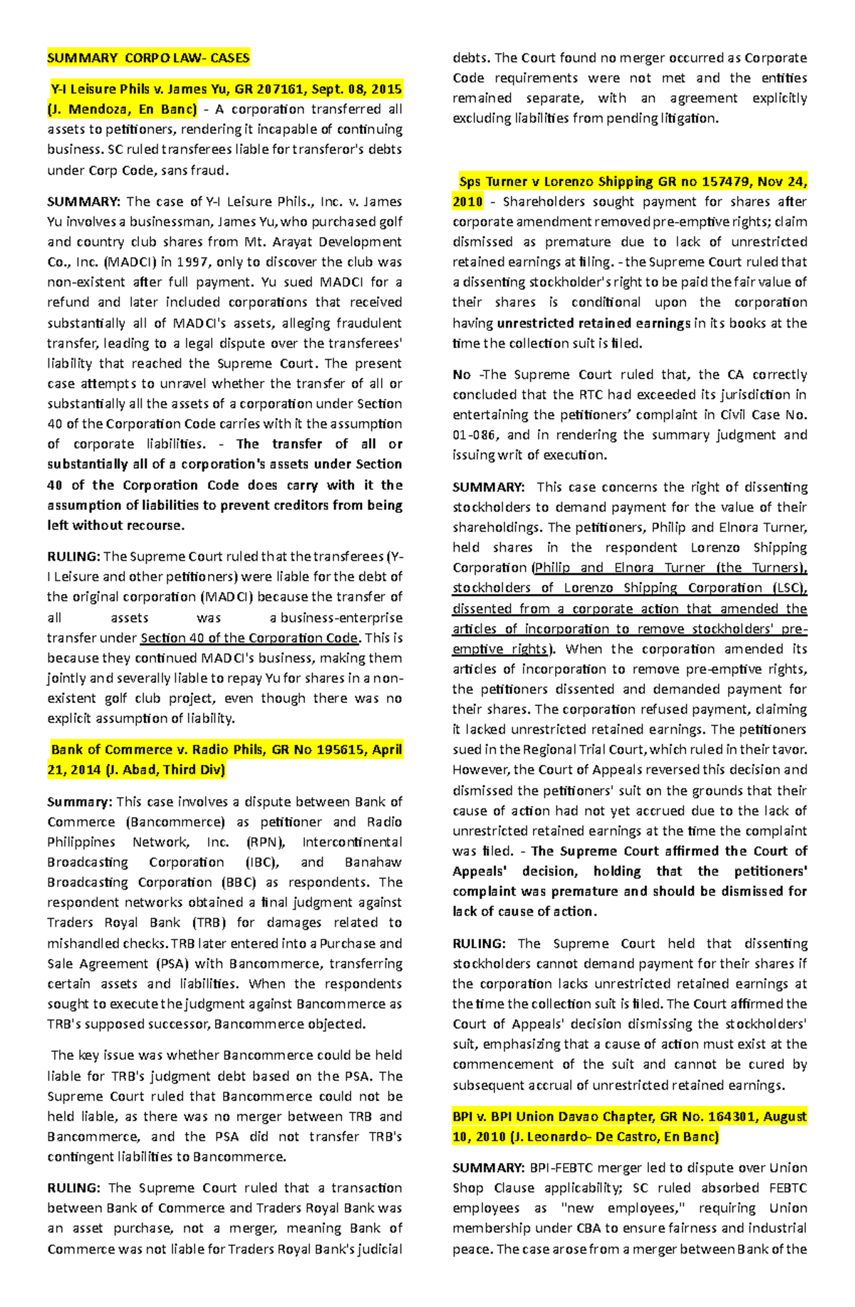 SUMMARY OF CORPORATE CASES: Key Rulings and Implications - Studocu