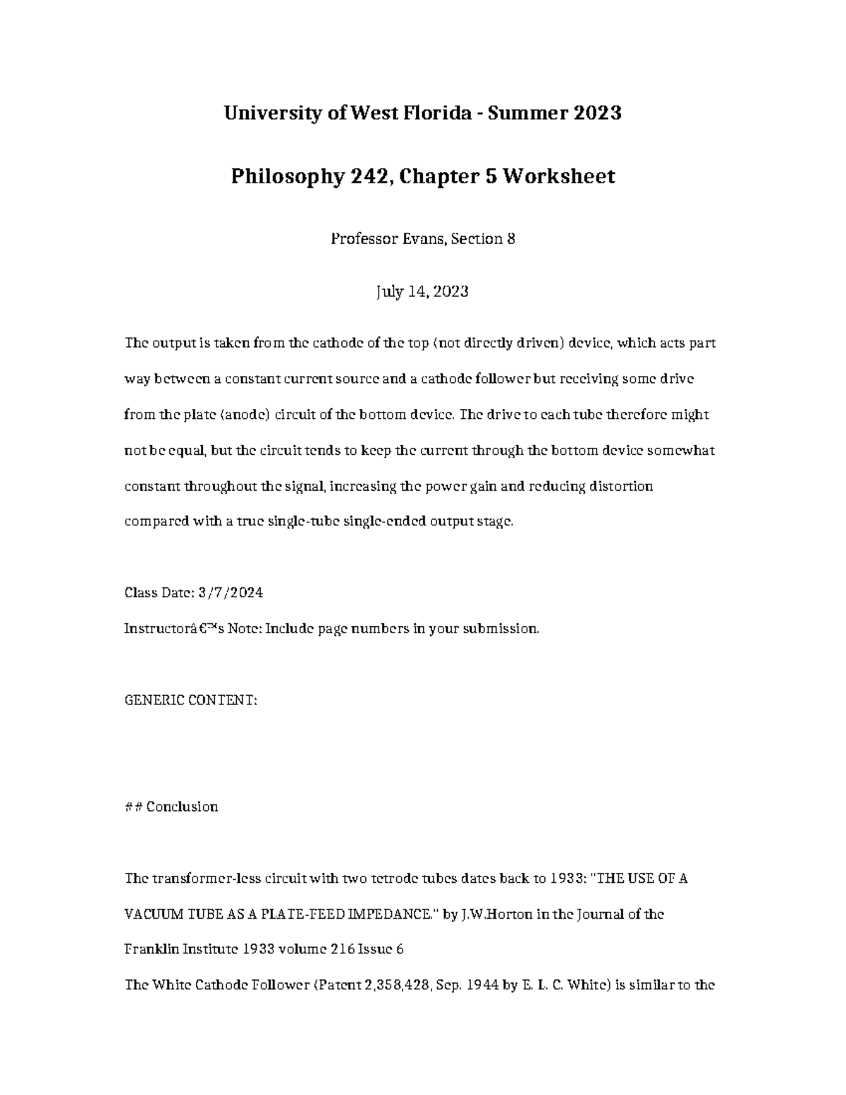 Philosophy 242 Summer 2023, Chapter 5 Worksheet - Prof. Evans - Studocu