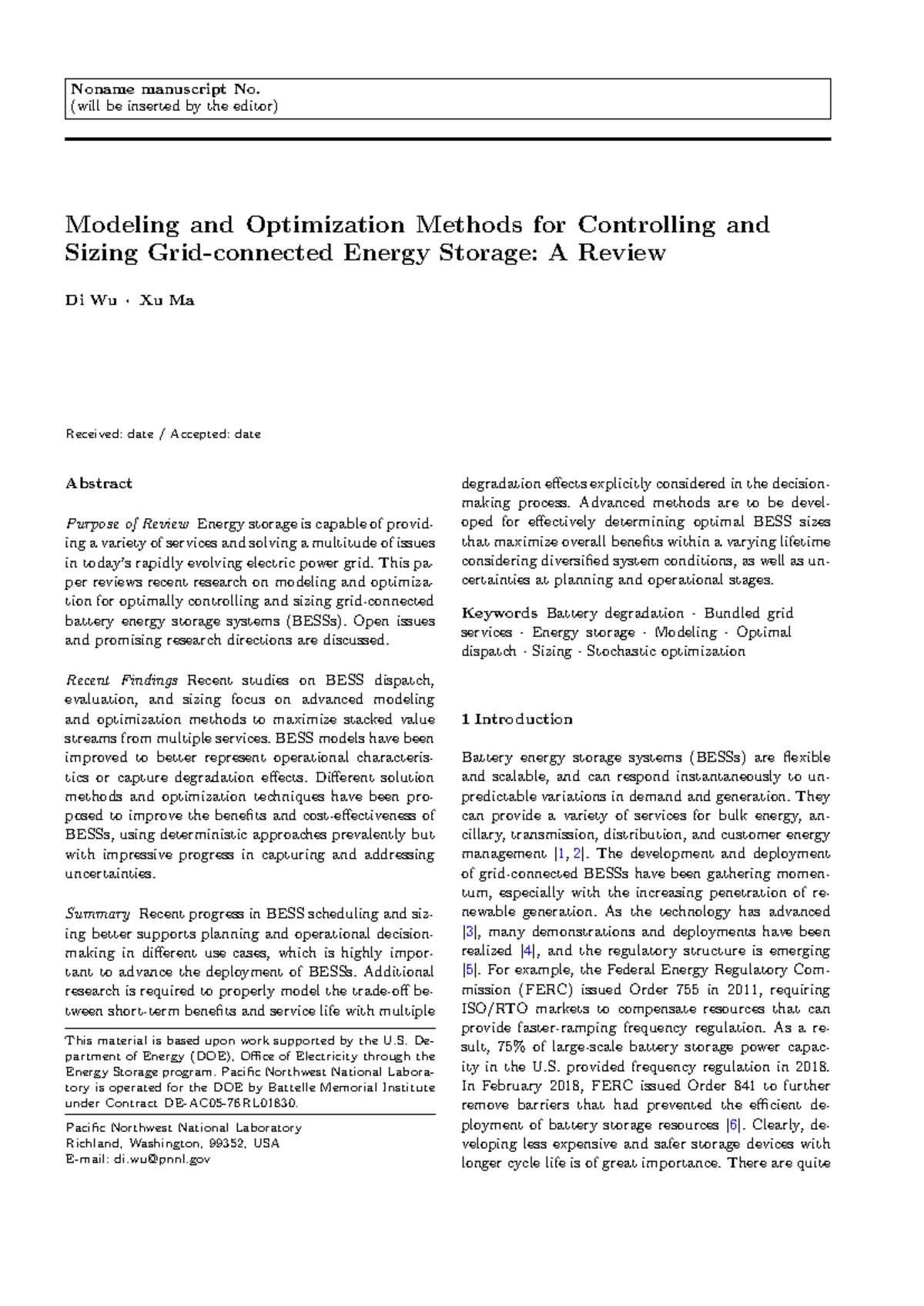 Modeling and Optimization Methods for BESS Control and Sizing: A Review ...