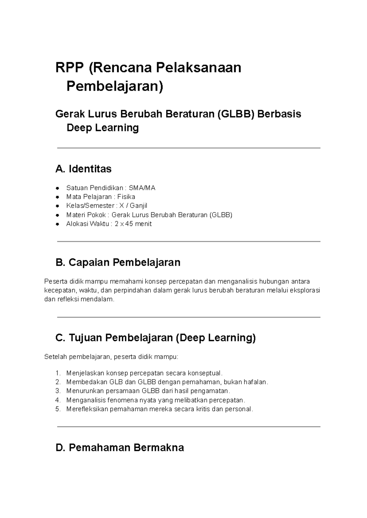 RPP Fisika Kelas X: Gerak Lurus Berubah Beraturan (GLBB) Deep Learning ...