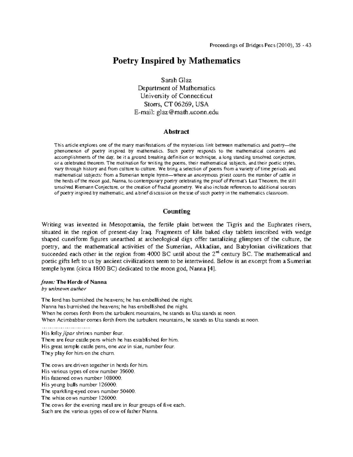 Poetry inspired by mathematics - Proceedings of Bridges Pecs (2010), 35 ...