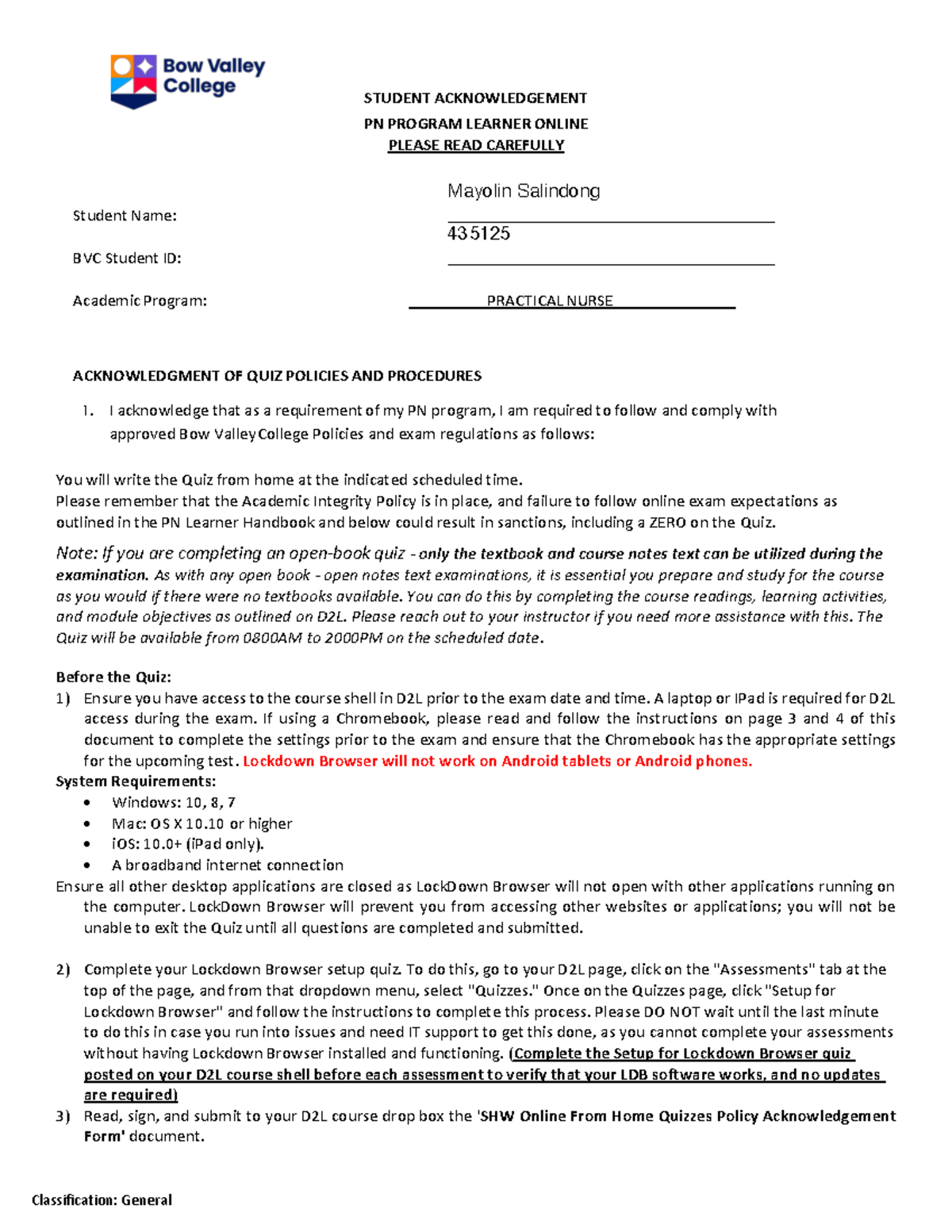 SHW Online From Home Quizzes Guidelines Acknowledgement Form (Spring ...
