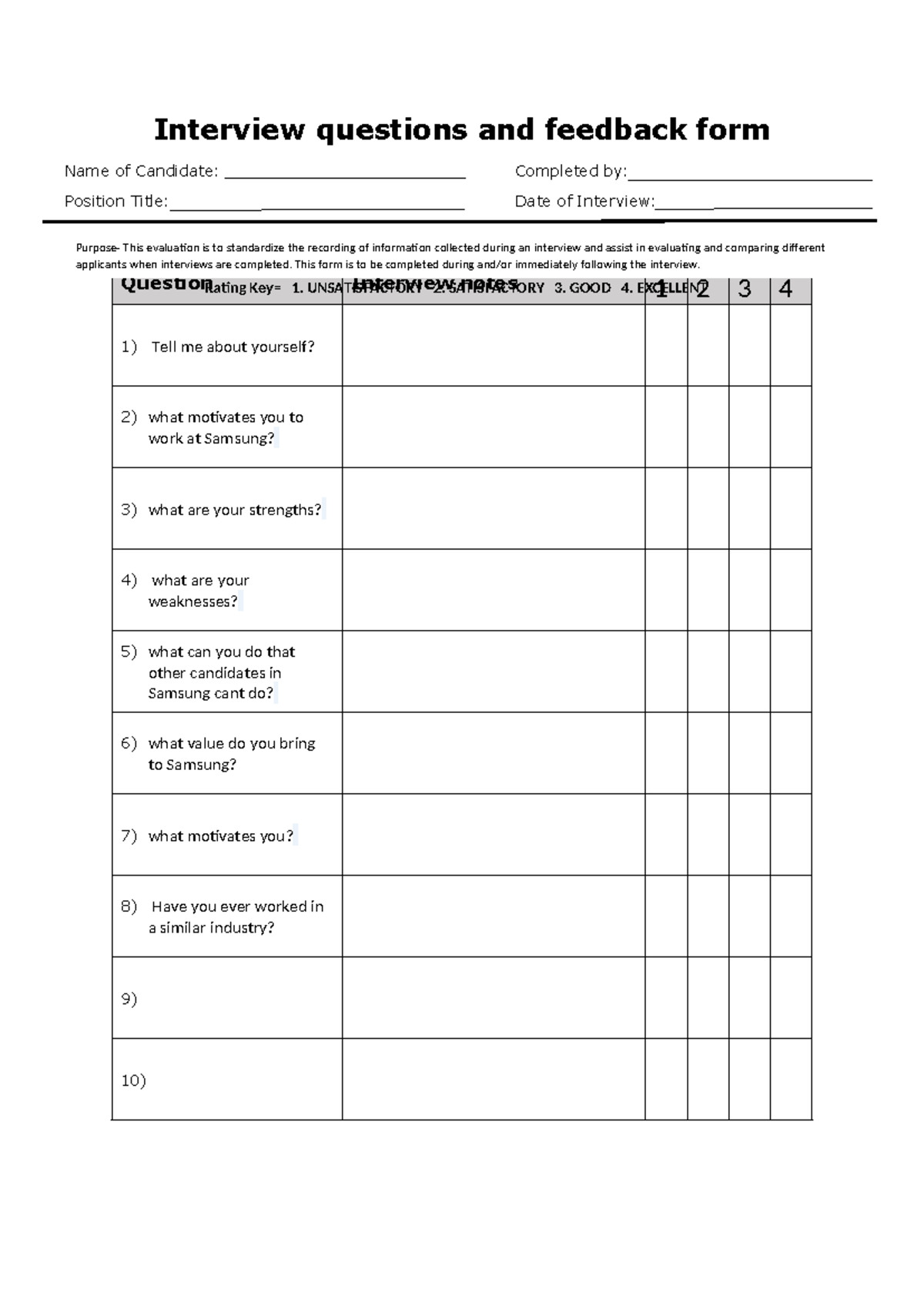 Interview questions Blank 1 - Interview questions and feedback form ...