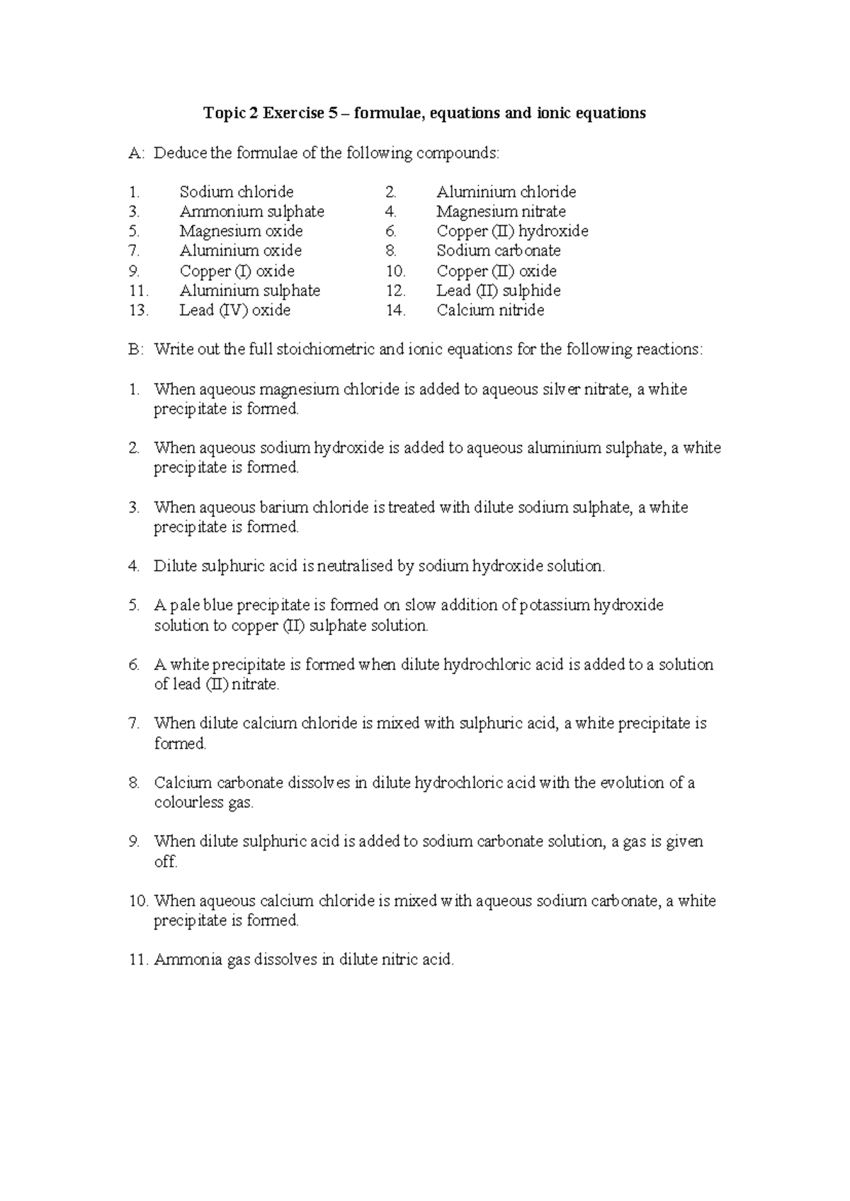 Topic 2 Exercise 5: Ionic Equations and Formulae Analysis - Studocu