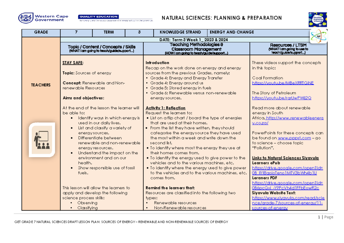 GET SP Grade 7 Natural Sciences T3 W1: Lesson Plan on Energy Sources ...