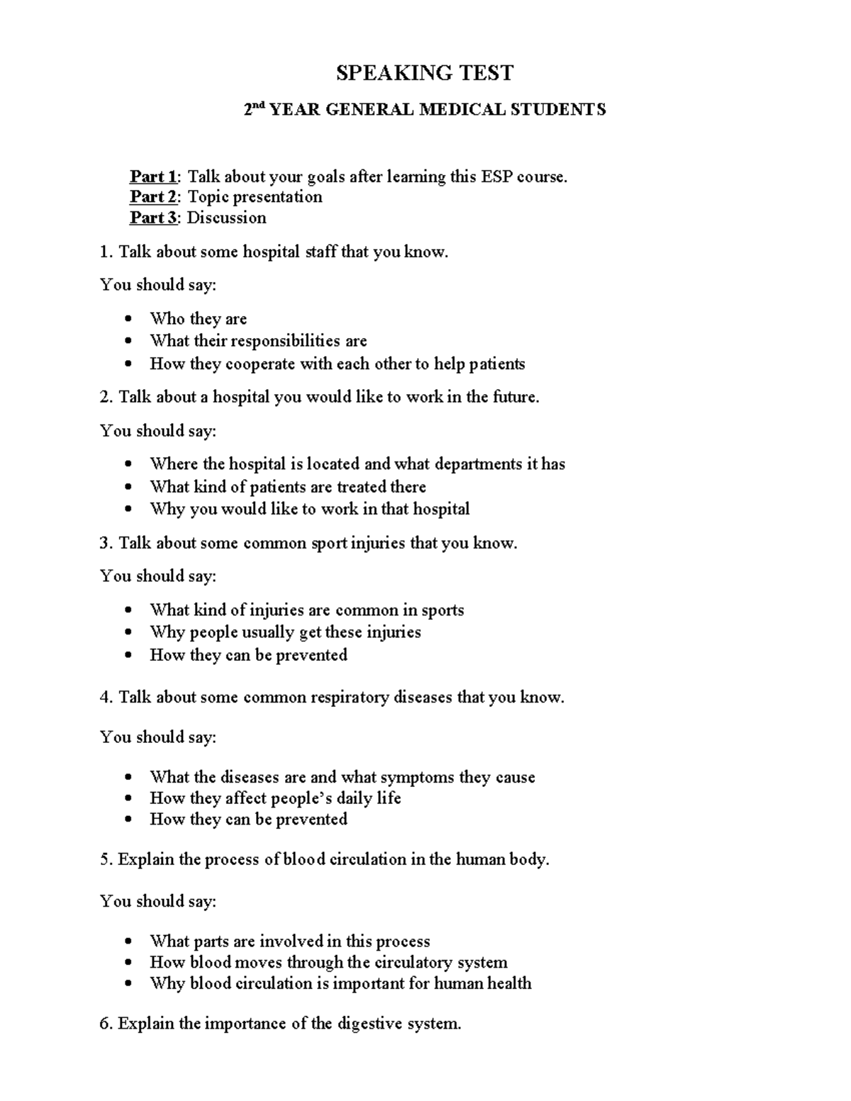 SPEAKING TEST Y2BSYK: Goals, Hospital Staff, & Health Topics - Studocu