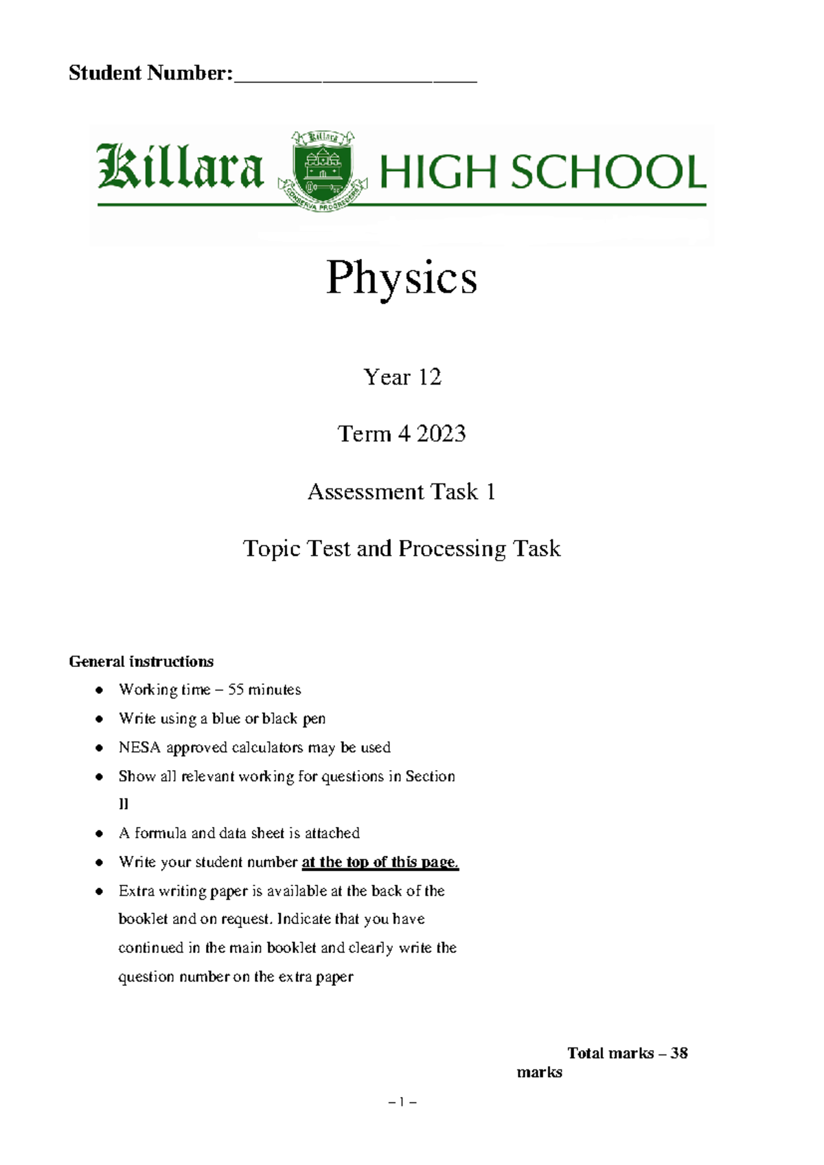 KHS Physics Year 12 Term 4 2023 Topic Test Assessment Task - Studocu
