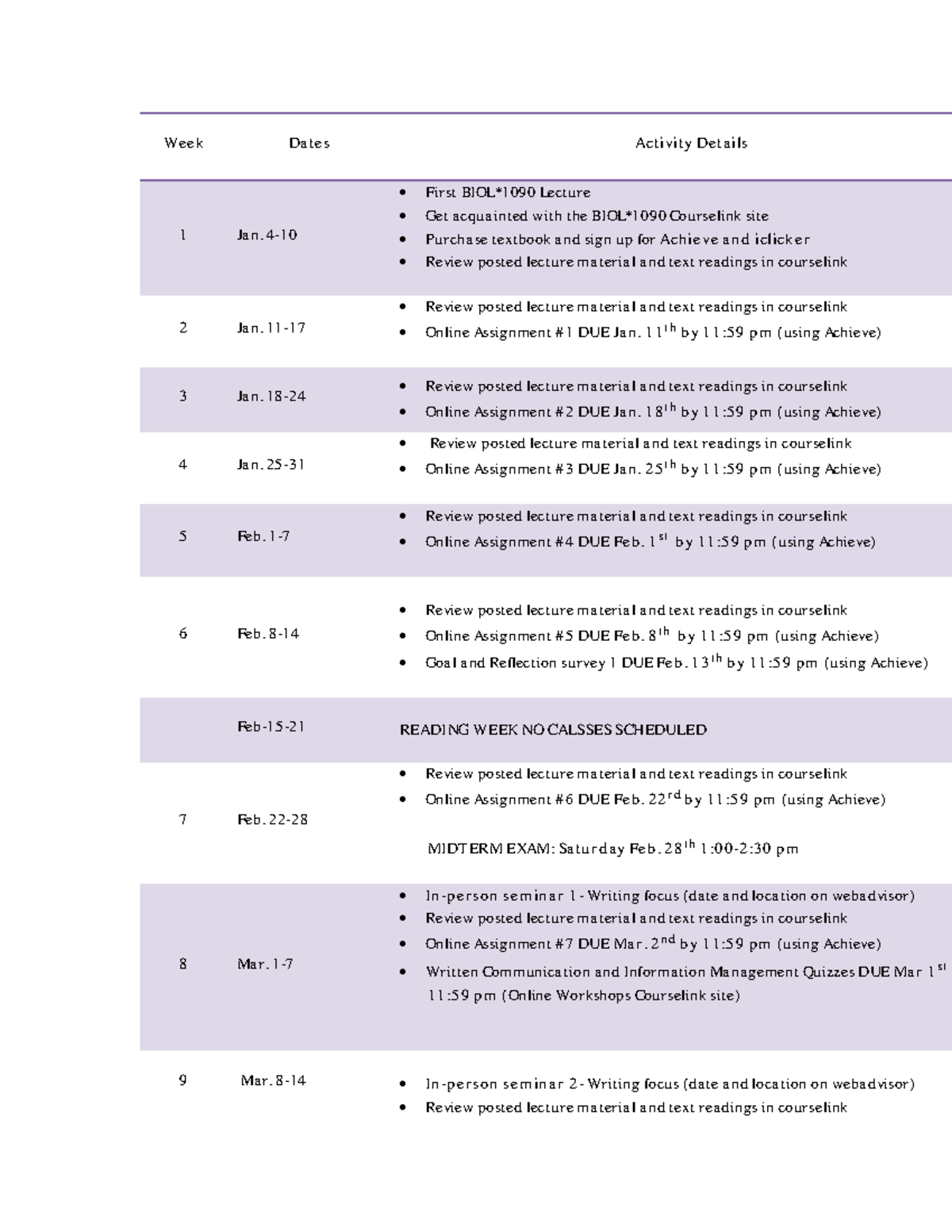 BIOL 1090 W26 Course Schedule: Key Dates & Assignments - Studocu