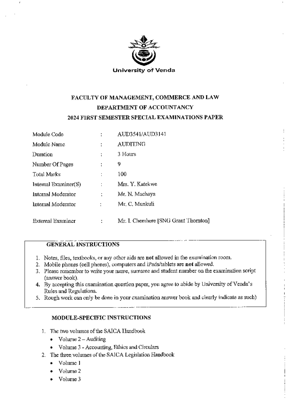 AUDITING 2024 FIRST SEMESTER SPECIAL EXAMINATION PAPER - Studocu
