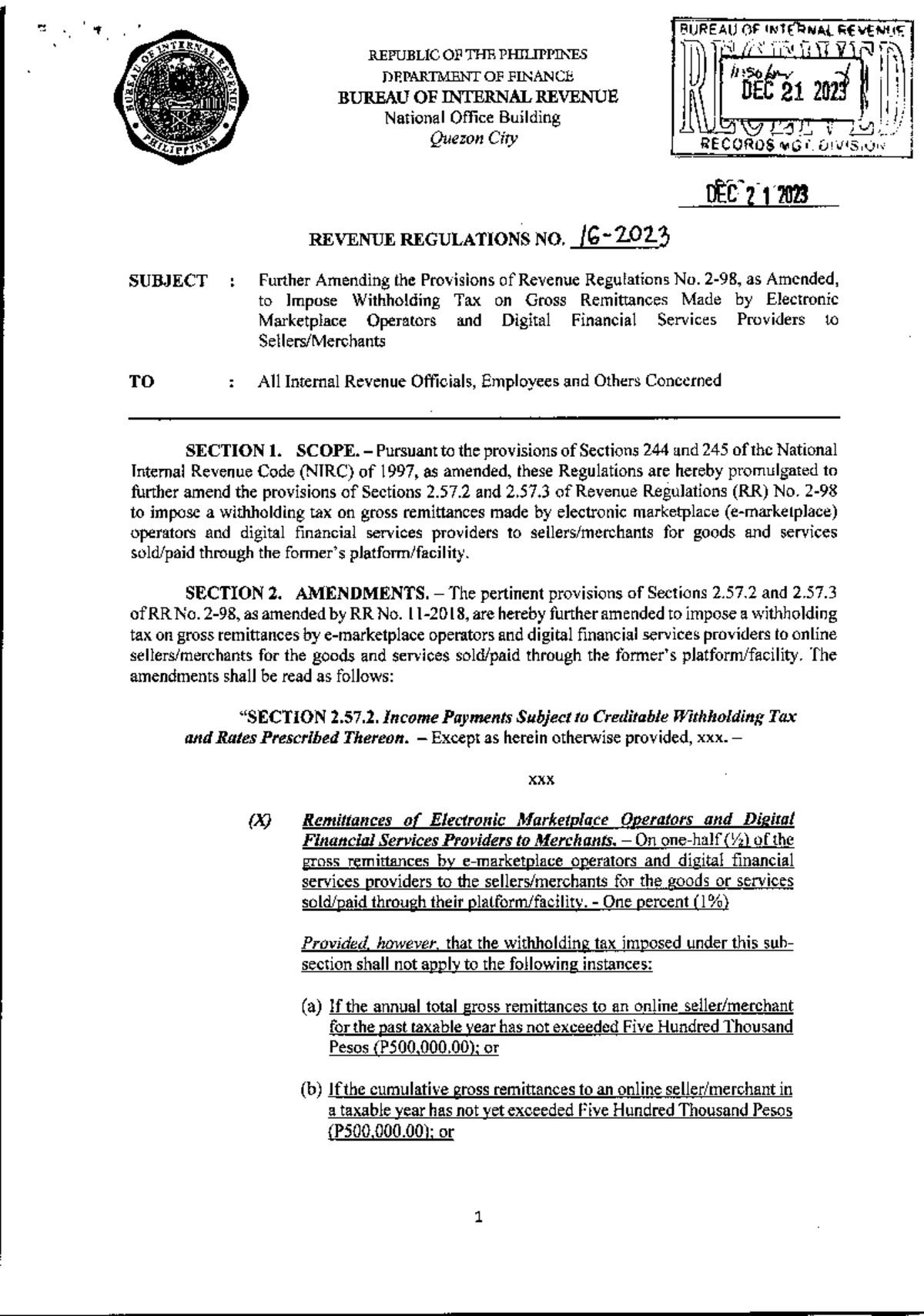 RMC 16-2023 - reference - BUREAU OF INTERNAL REVENUE OF INTERNAL ...
