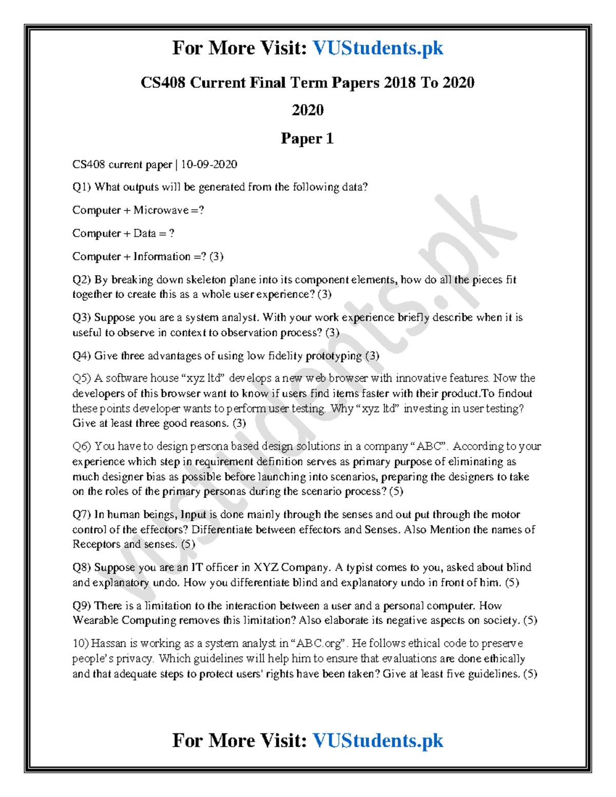 CS408 Current Final Term Papers 2018 To 2020 - CS408 Current Final Term ...