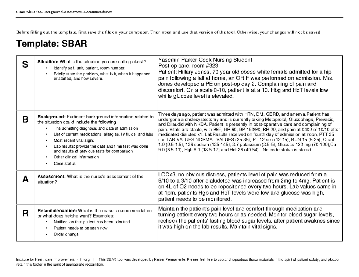 SBAR Template for Nursing Assessments and Recommendations - Studocu