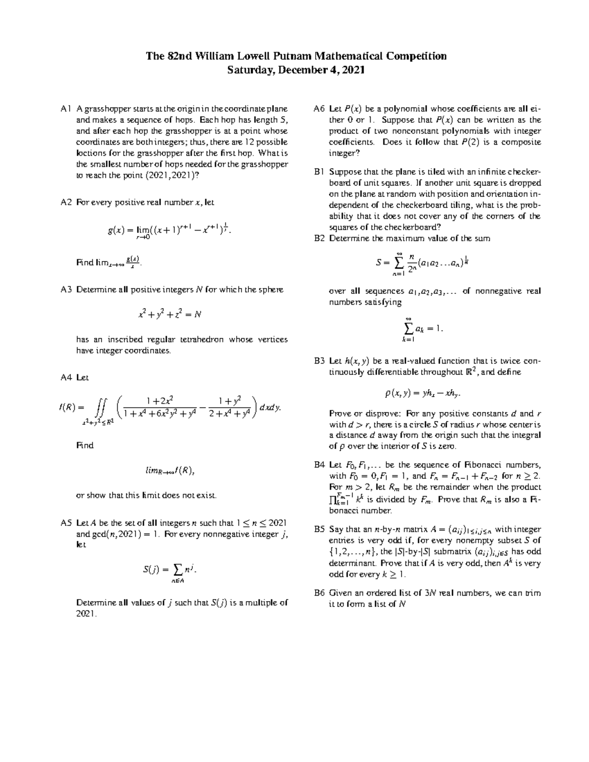 2021 Putnam Mathematical Competition Problems and Solutions - Studeersnel