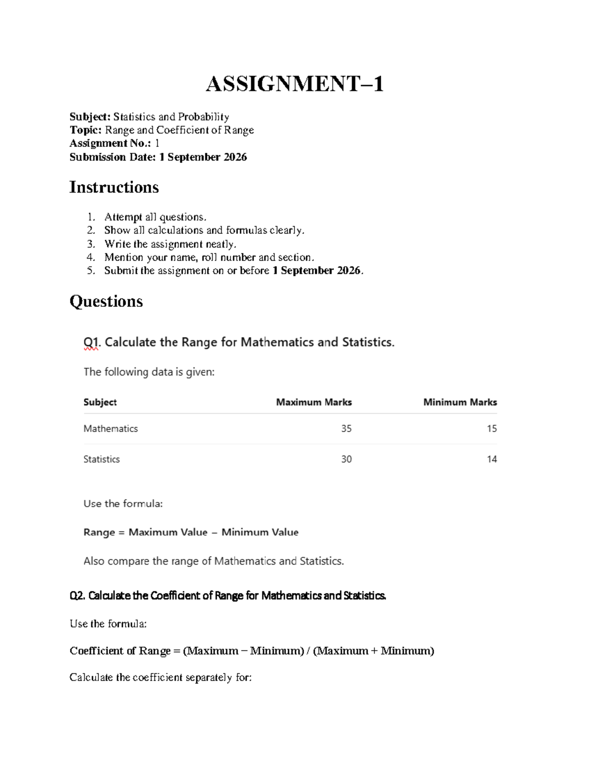 Assignment 1: Coefficient of Range in Statistics & Probability (P&S ...