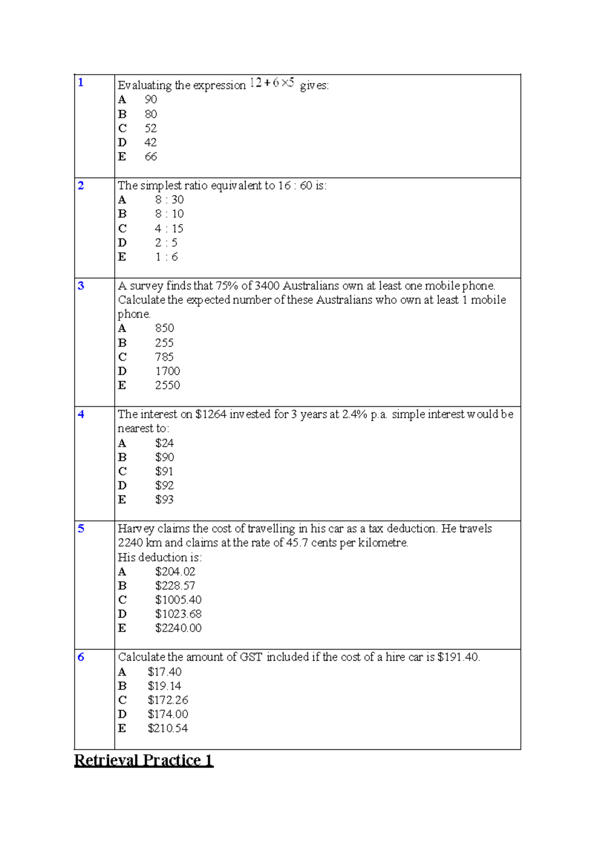 Retrieval Practice - Calculations for Course 1 - Studocu