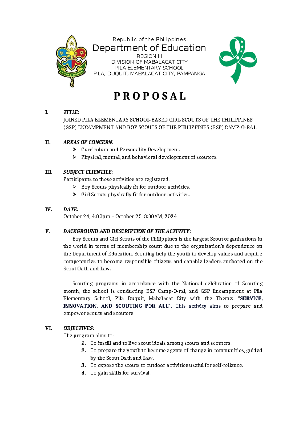 BSP & GSP Encampment Proposal - Pila Elementary School 2024 - Studocu