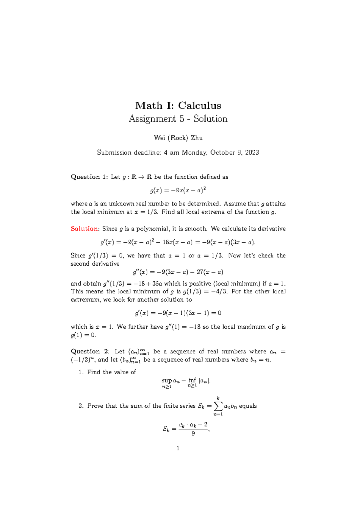 Math I: Calculus - Assignment 5 Solutions and Explanations - Studeersnel