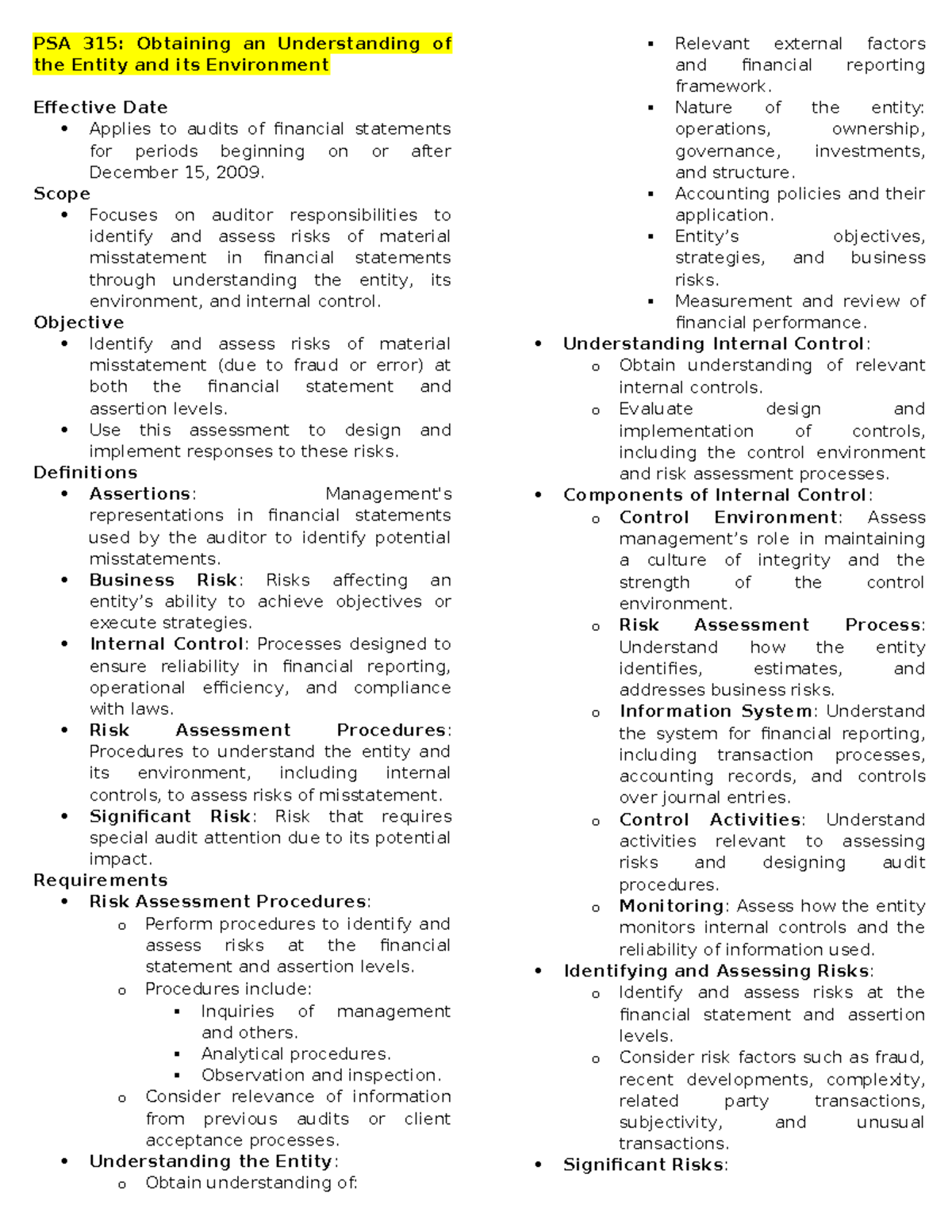 PSA 315: Understanding Entity and Environment for Risk Assessment - Studocu