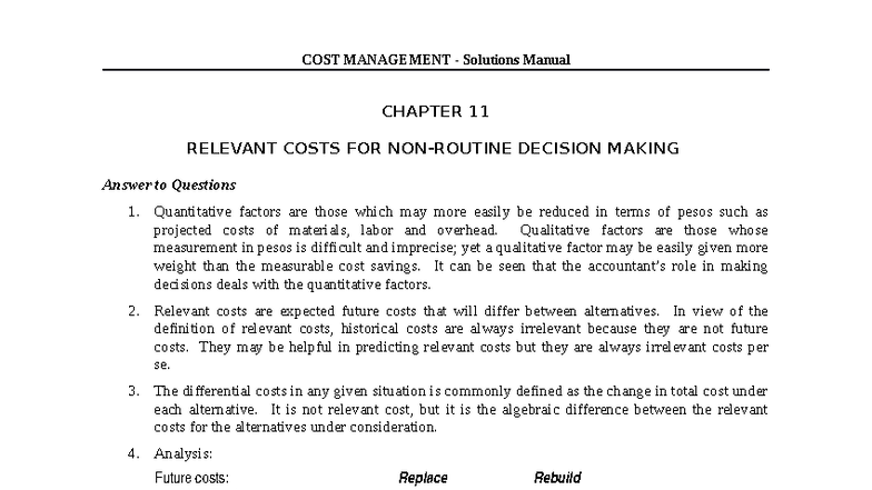 Chapter 11 Relevant Costs for Non Routine Decision Making docx - COST ...