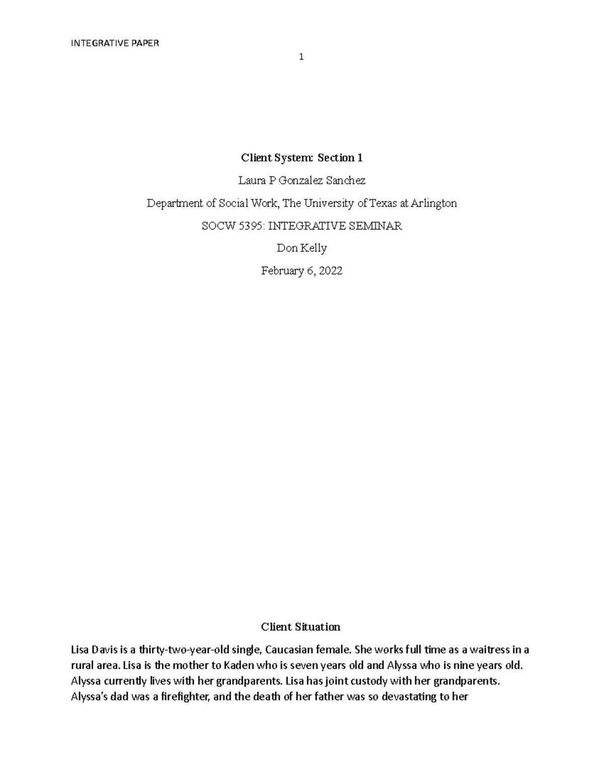 Client System Case Study: SOCW 5395 Integrative Paper - Studocu