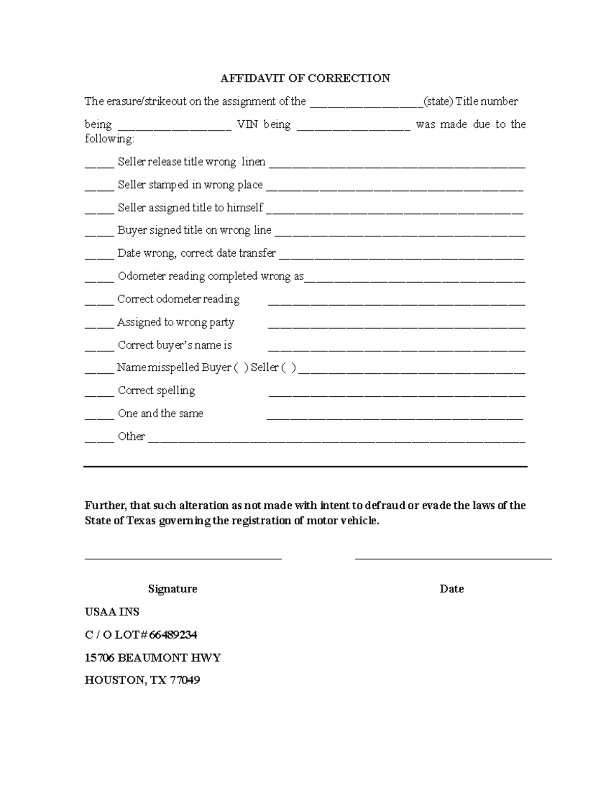 Affidavit of Correction for Title VIN Assignment CHIO - Studocu