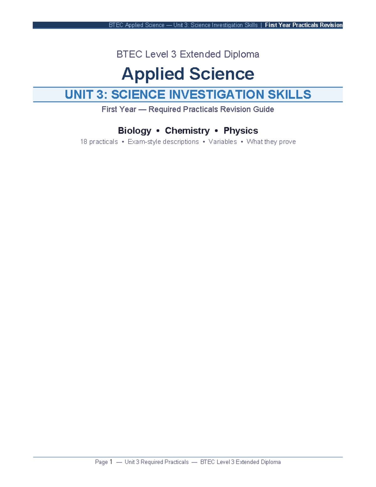 BTEC Level 3 Applied Science Unit 3: First Year Practicals Revision ...