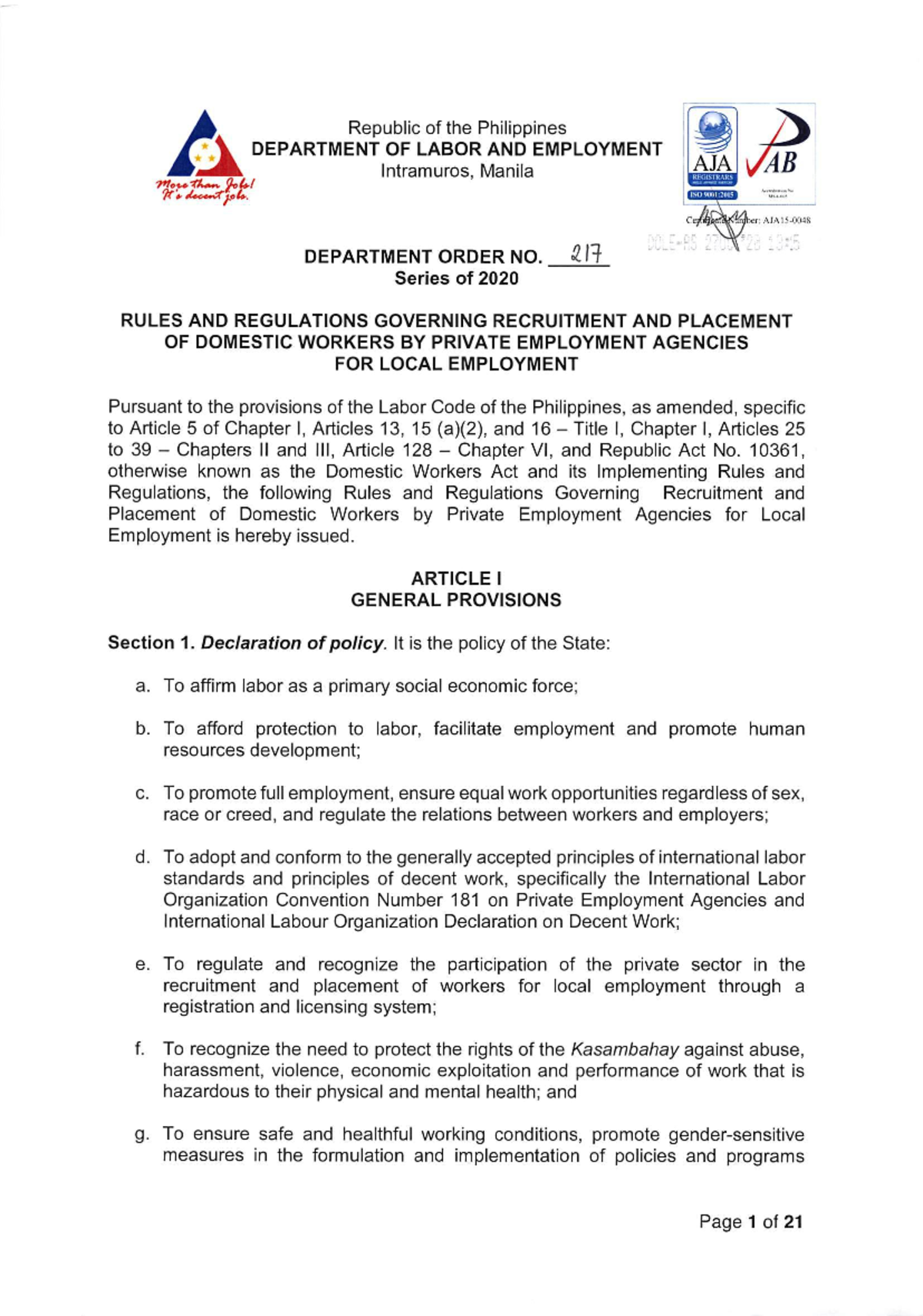 Dept. Order 217: Rules for Recruitment & Placement of Domestic Workers ...