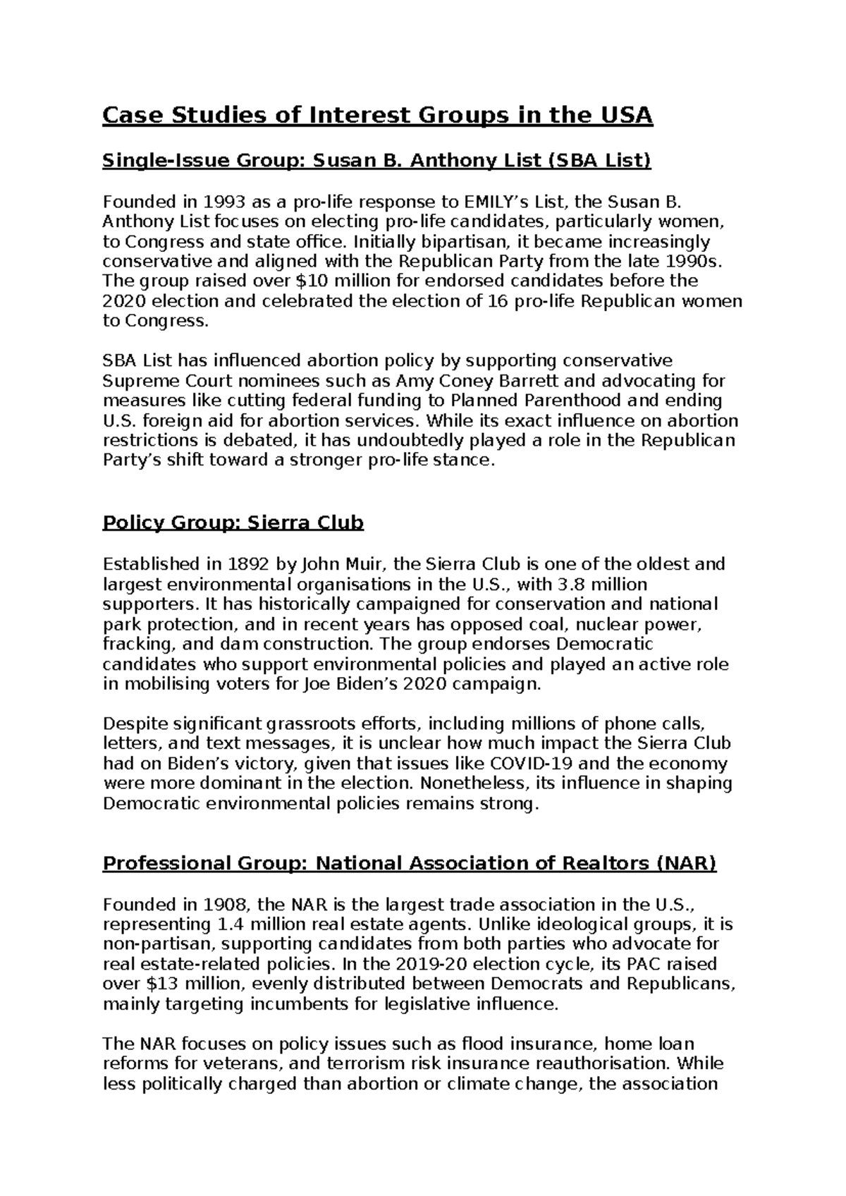 Case Studies of Interest Groups in the USA: SBA List, Sierra Club, NAR ...