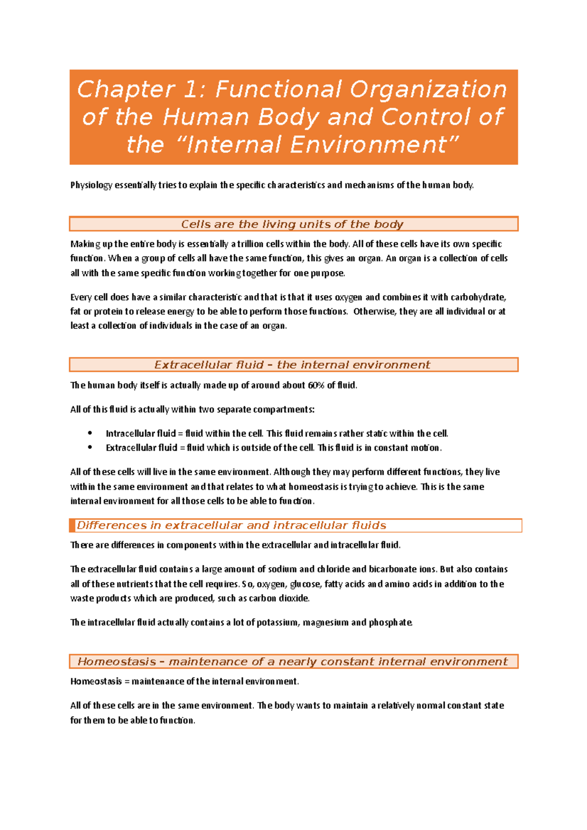 Guyton Physiology Chapter 1 Summary Human Body Functions Homeostasis