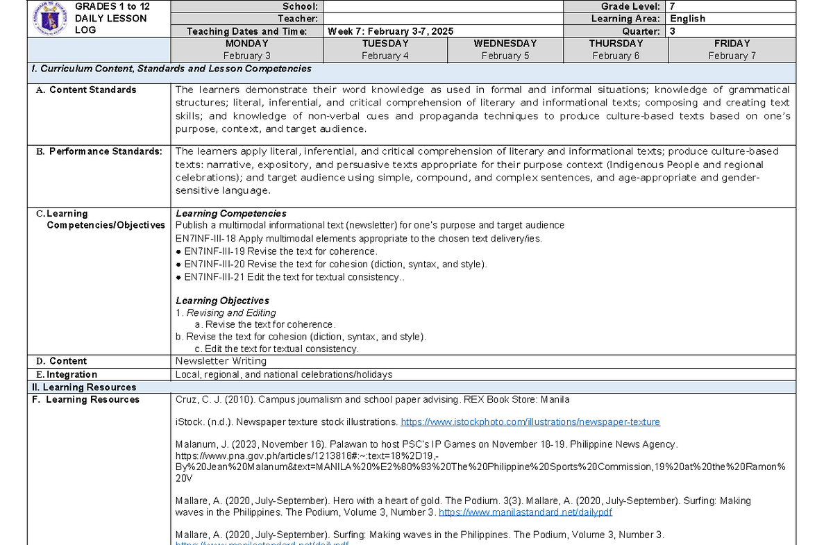 Week 7 English Lesson Plan - Grade 7 (Curriculum EN7INF-III) - Studocu