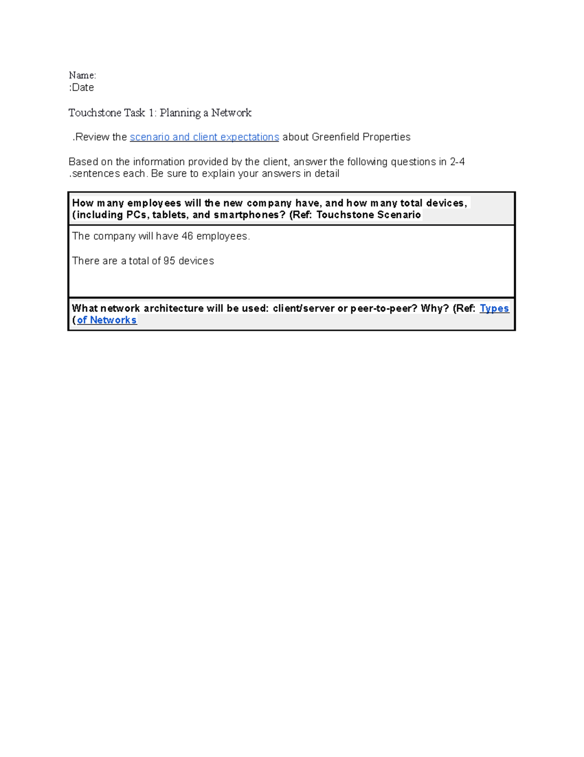 Touchstone Task 1: Network Infrastructure Planning for Greenfield ...