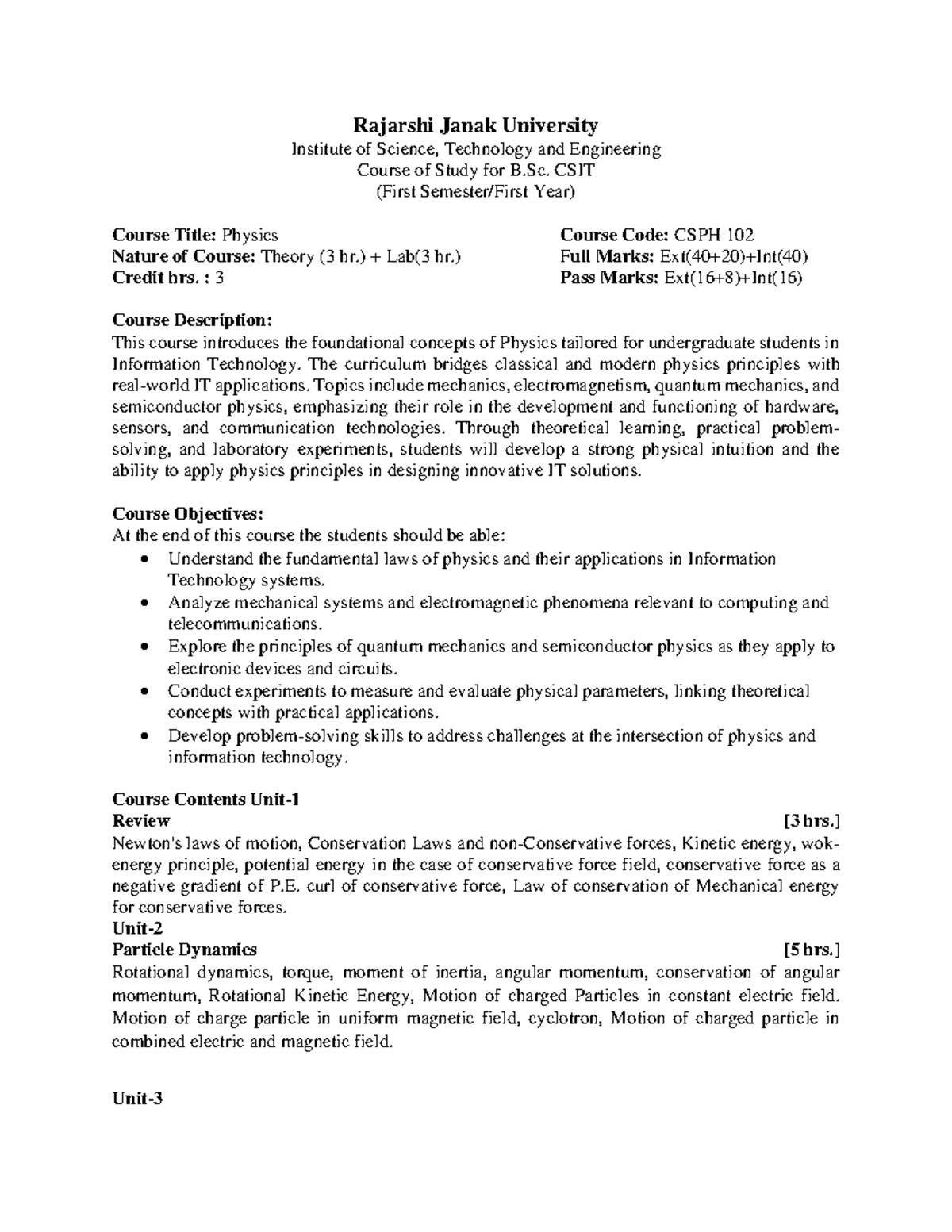 Physics CSPH 102 - Comprehensive Course Outline for B.Sc. CSIT - Studocu