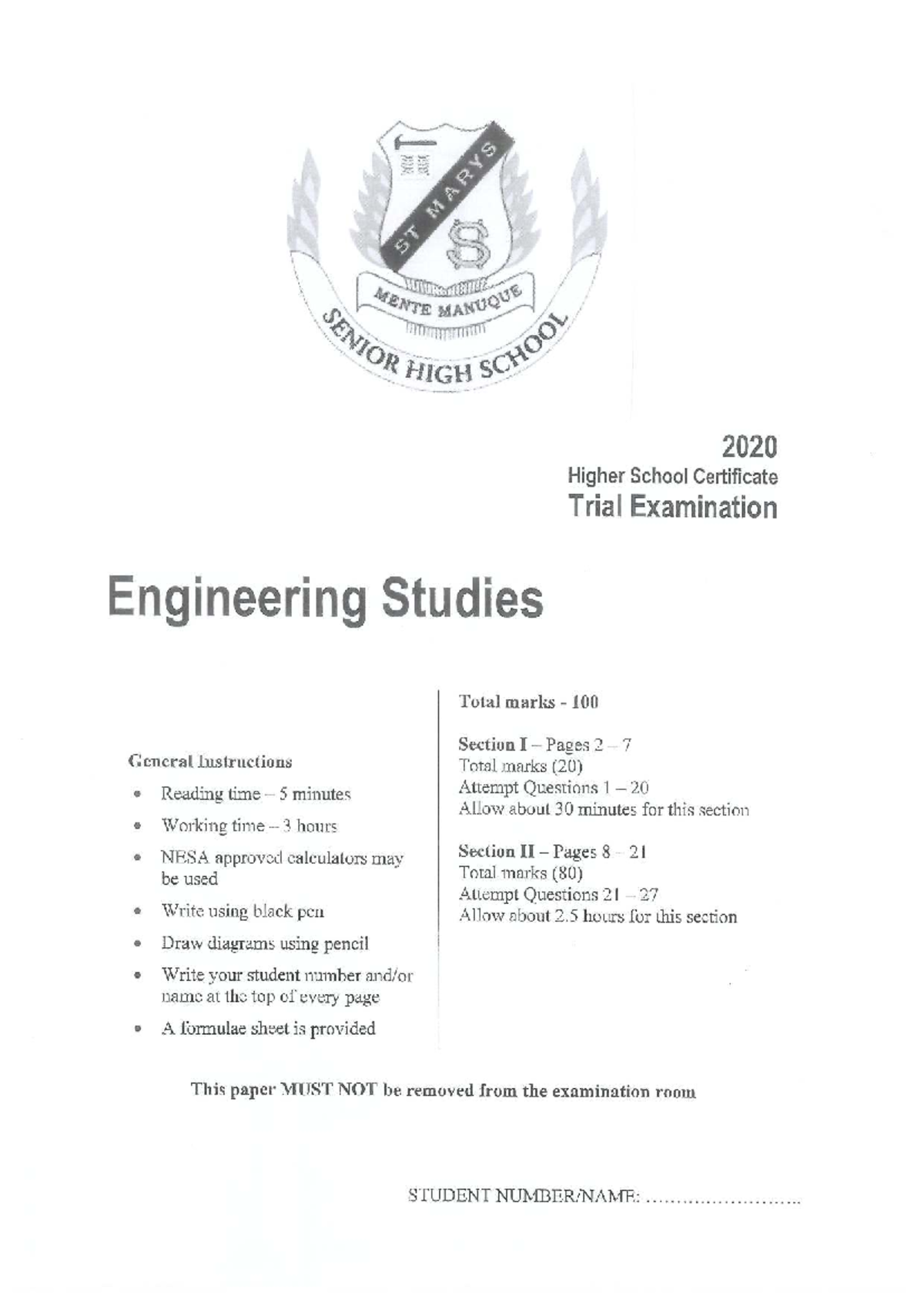 Engineering Studies HSC Trial Exam 2020 - Total Marks 100 - Studocu