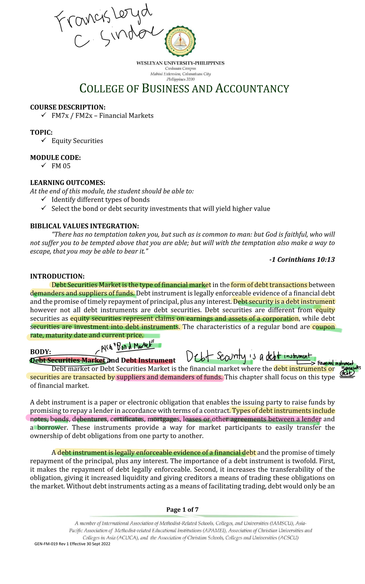 FM 05 Debt Securities Market Overview and Learning Outcomes - Studocu