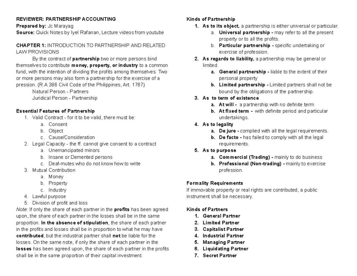 Partnership Accounting: Comprehensive Review for CHAPTER 1-5 - Studocu