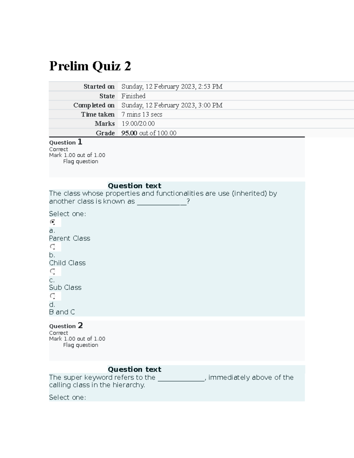 Object Oriented Prelim Quiz 2 - Prelim Quiz 2 Started on Sunday, 12 ...
