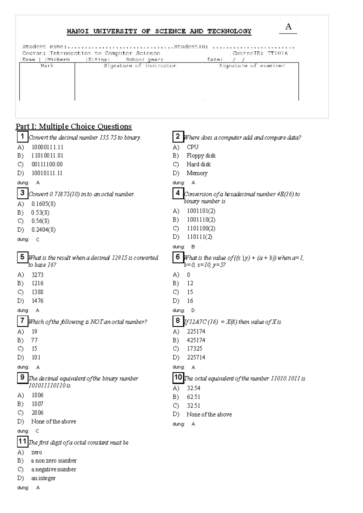 Computer Sample Questions for Exam Preparation - CS101 - Studocu