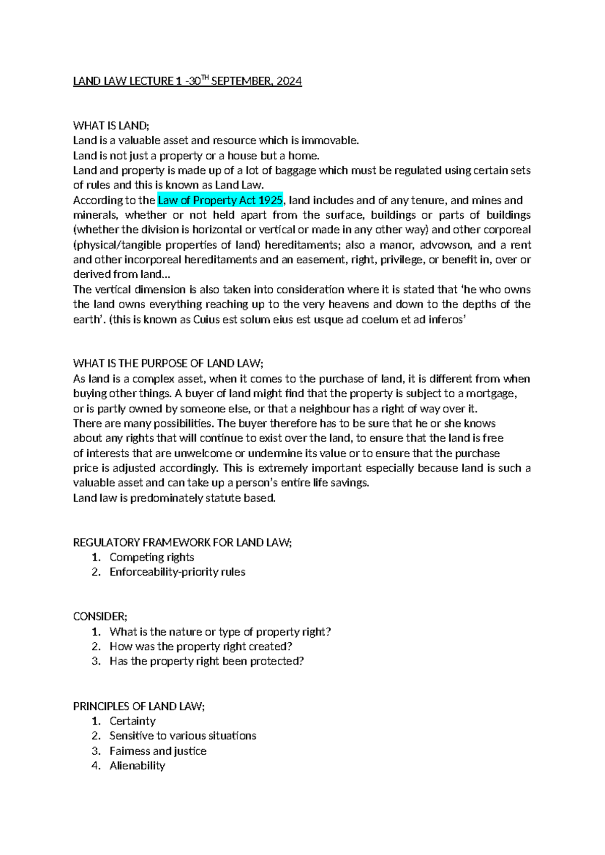 LAND LAW LECTURE NOTES - SEPTEMBER & OCTOBER 2024 - Studocu