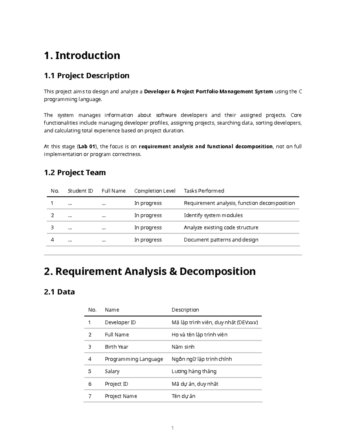 Lab 01 - Project Function Analysis for Developer & Project Management ...