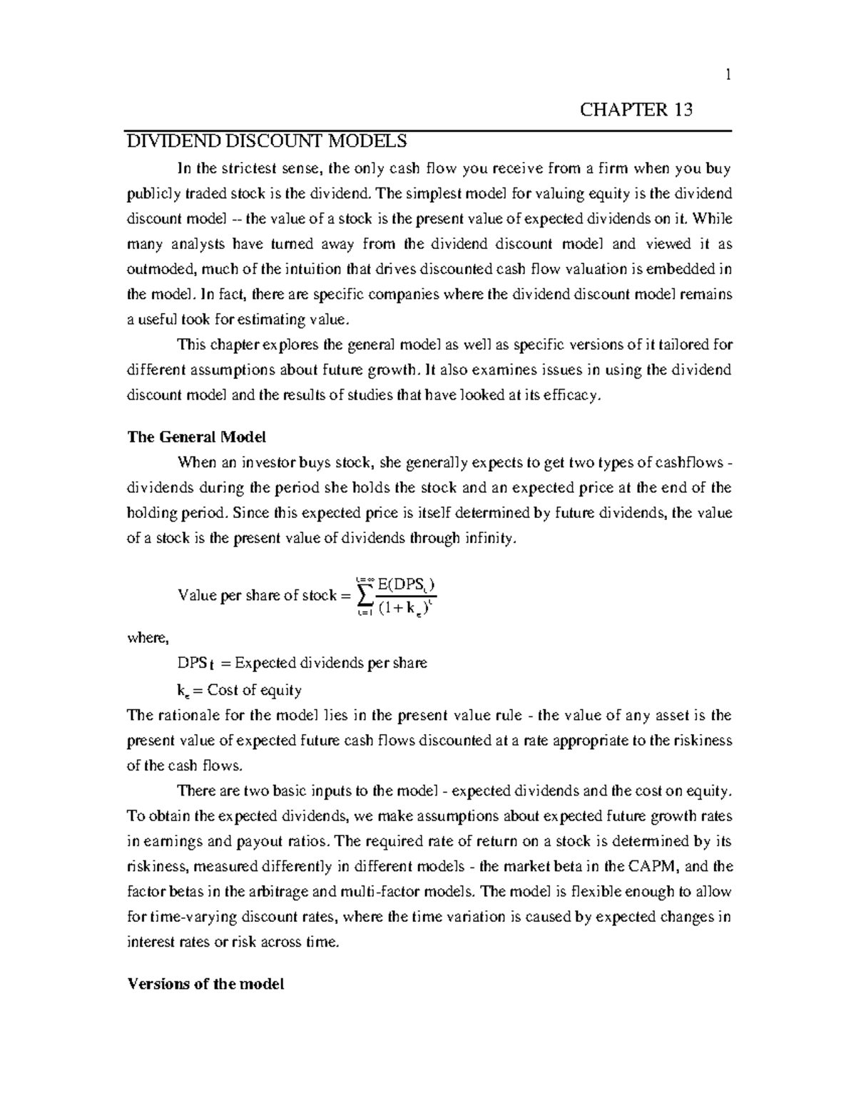 Ch13 - Dividend Discount Models: Analyzing Valuation Techniques - Studocu