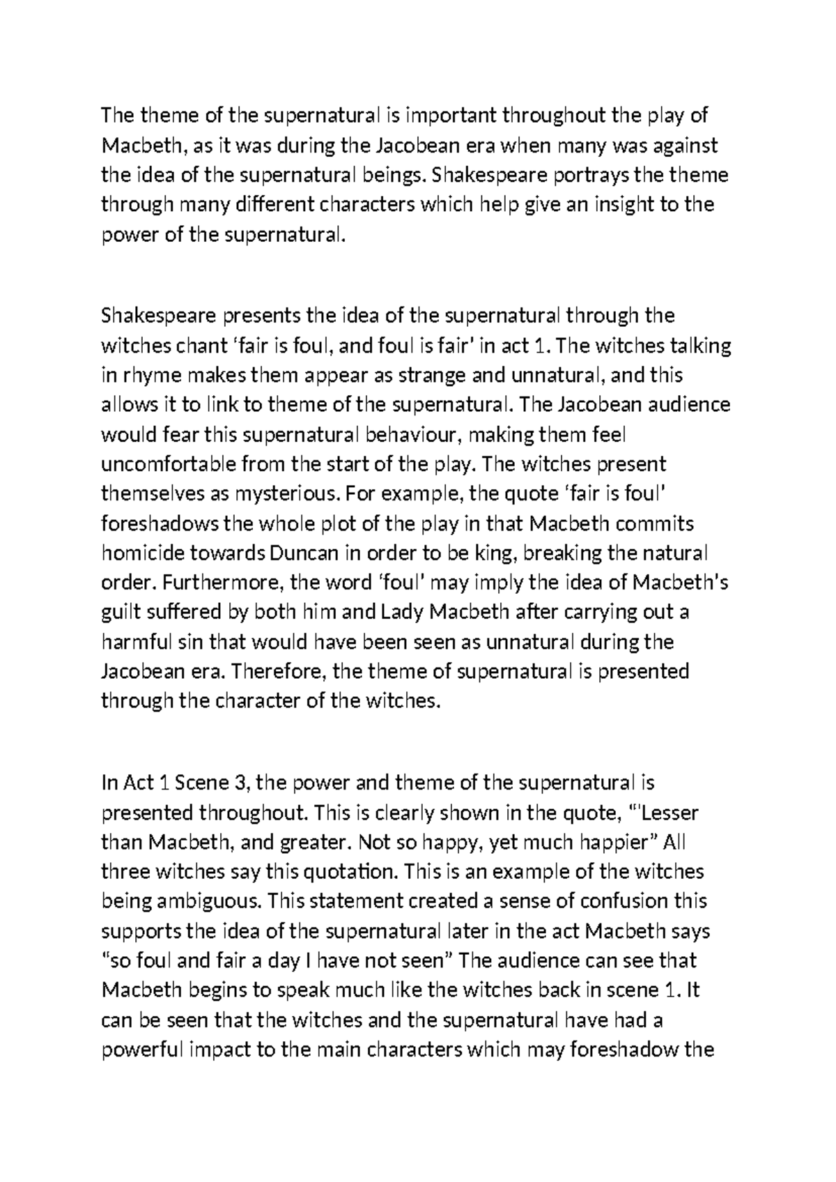 Macbeth Essay - Supernatural Themes in Shakespeare's Play - Studocu