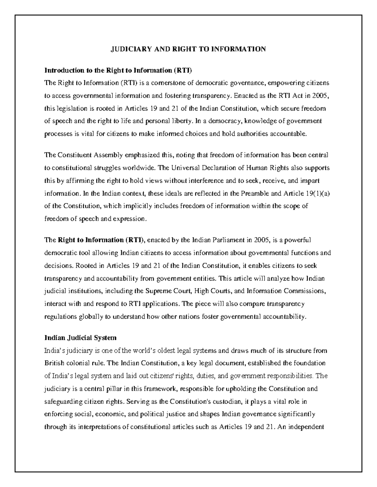Judiciary and RTI: Analyzing the Right to Information Act in India ...
