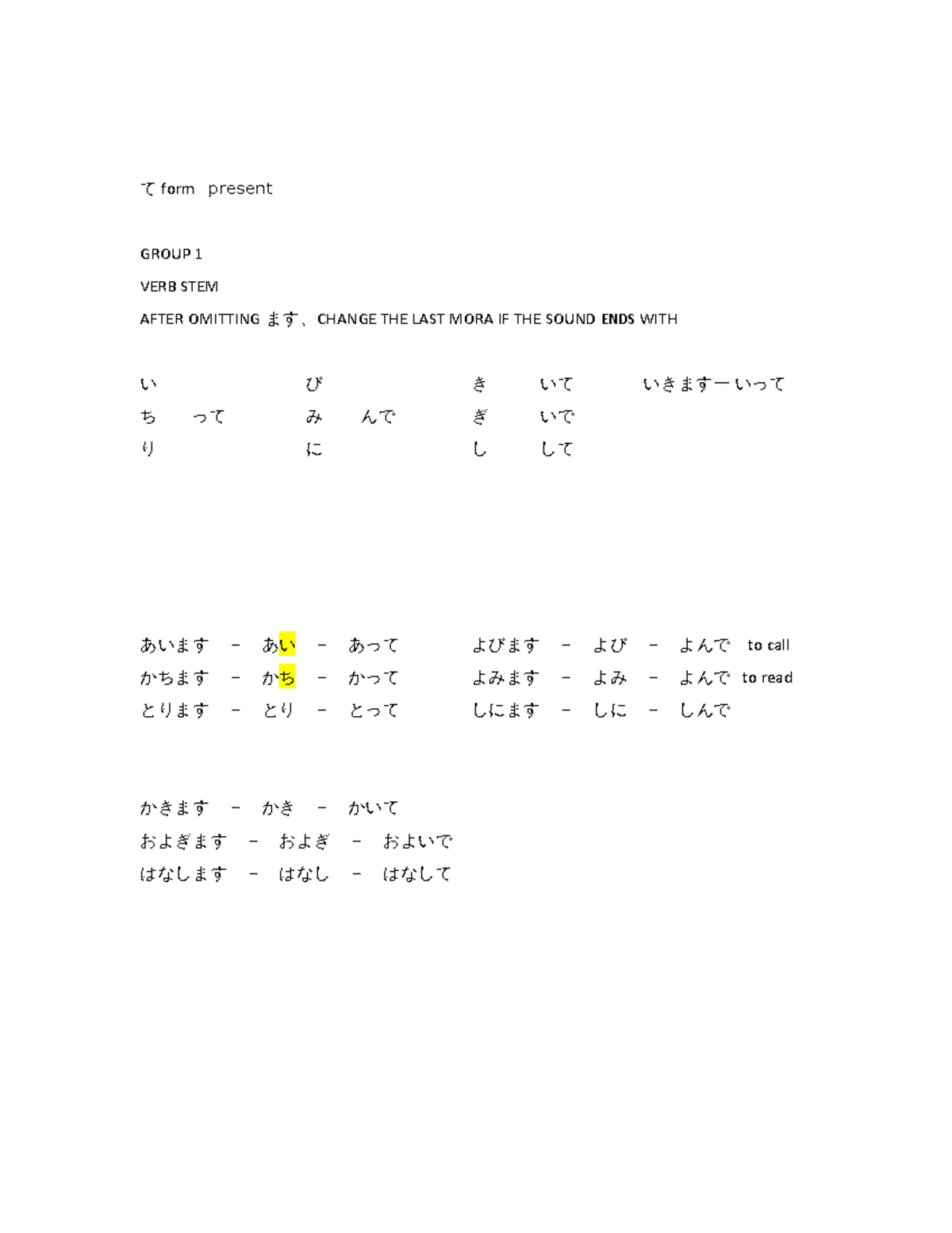 て-form-conjigation - japanese - て form present GROUP 1 VERB STEM AFTER ...