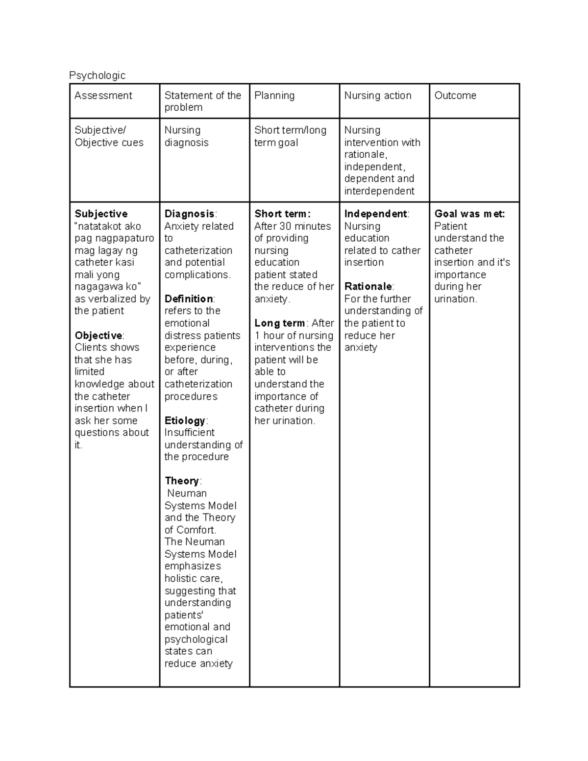 Psychologic - N/A - Psychologic Assessment Statement of the problem ...
