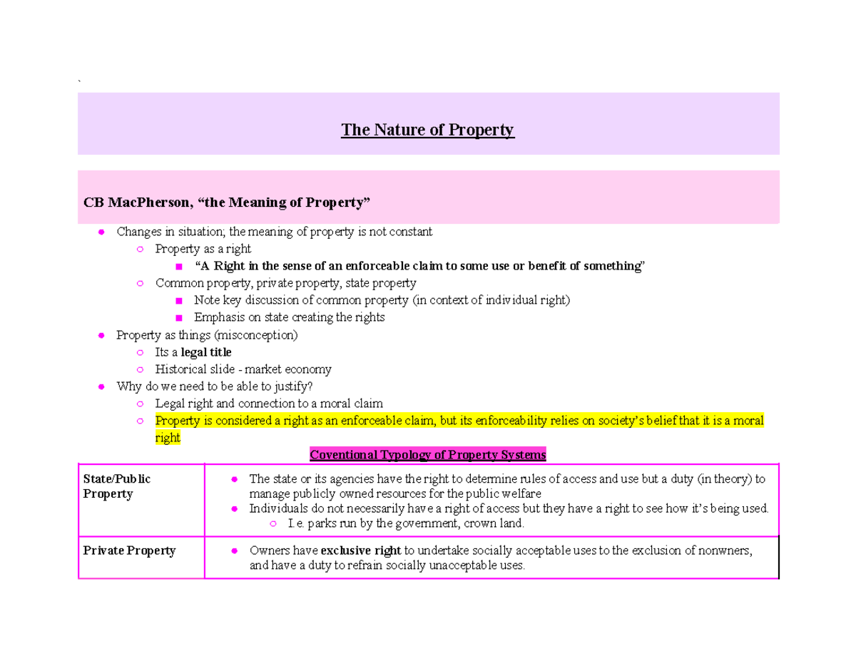 Property Law Outline: Understanding Rights and Ownership Concepts - Studocu