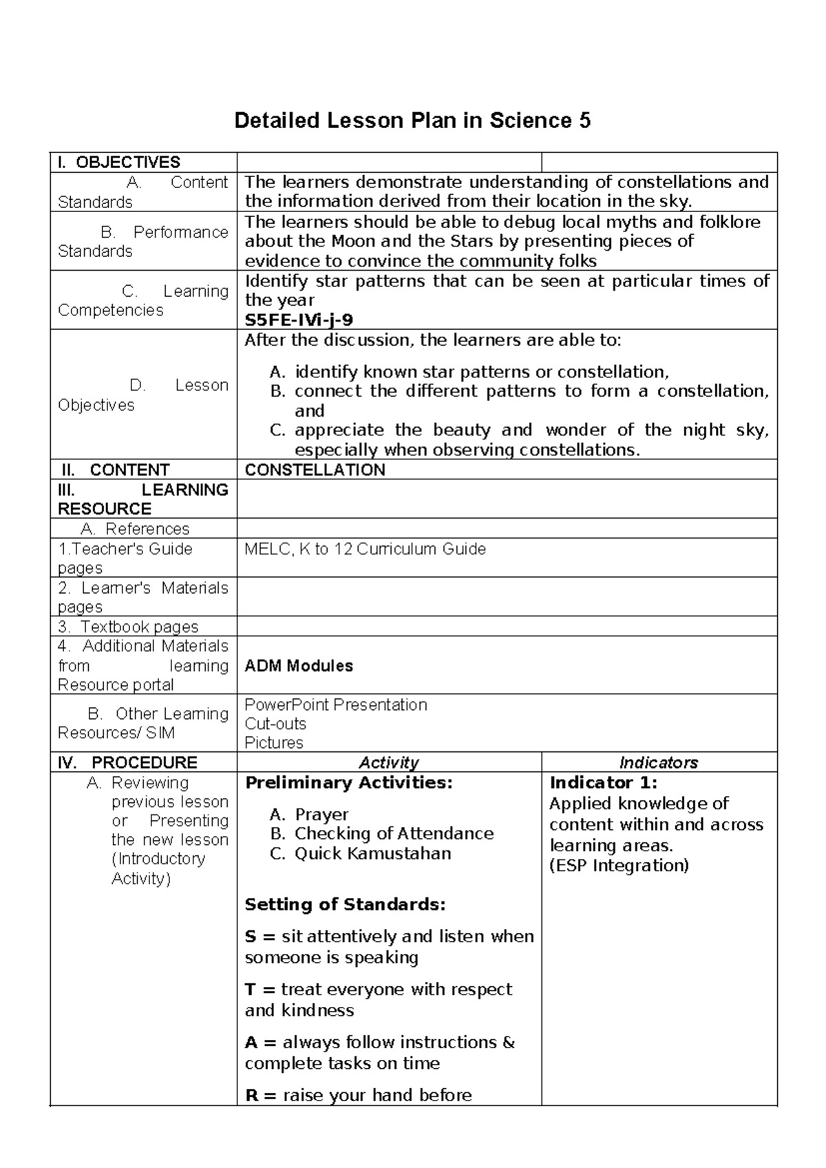 COT- Science 5-Detailed Lesson Plan on Constellations Q4-W6 - Studocu