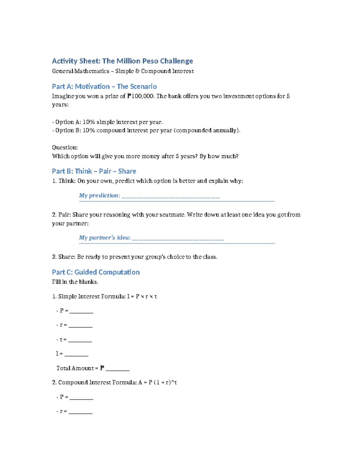 General Math Activity Sheet: Million Peso Challenge on Interest - Studocu